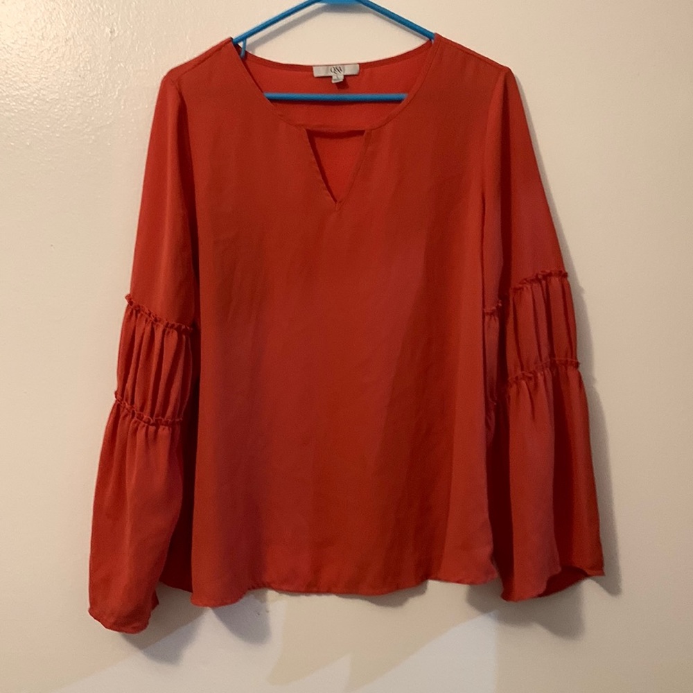 Q&A large orange long sleeve blouse shirt v neck